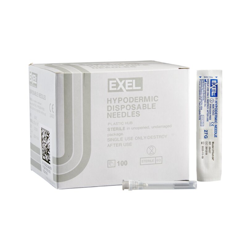 Exel Hypodermic Needles, 27G × 1-1/4″ Regular Wall, Grey Hub, (100/Box) - Item #26427