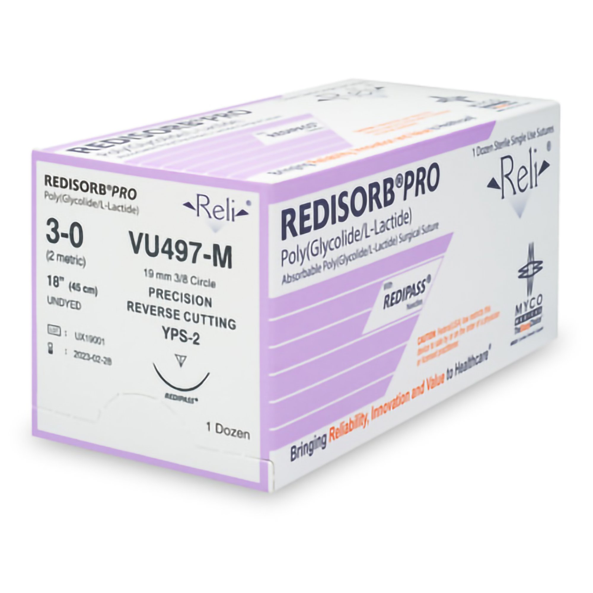 Reli® Redisorb™ Absorbable Suture with Needle, Polyglycolic Acid, Size 3-0, 18", Braided, MPS-2 3/8 Circle Precision Reverse Cutting Needle (BX)
