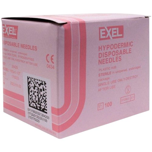 Hypodermic Needle, 18G × 1½″ Regular Wall, Pink Hub, (100/Box) - Item #26420