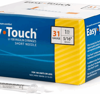 EasyTouch™ Insulin Syringe with Needle, 1 mL, 31 Gauge × 5/16″, Fixed Tip, (100/Box) - Item #831165