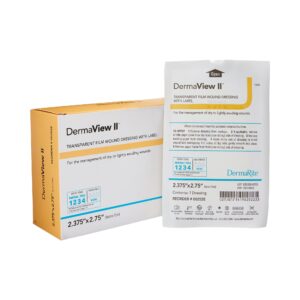 DermaView II™ Transparent Film Dressing ,2-3/7″ × 2-3/4″ Frame Style Rectangle, (100/Box) - Item #00252E