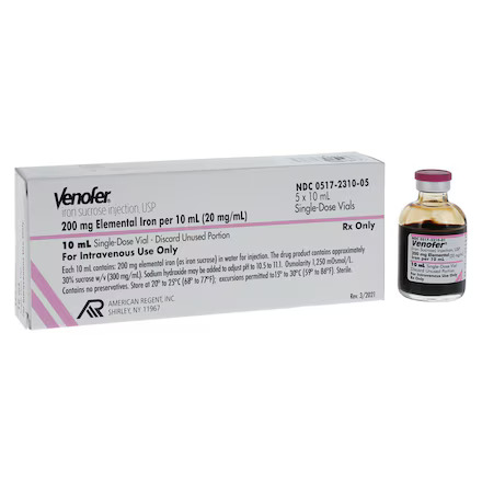 Venofer®Iron Sucrose Injection, USP (20 mg/mL), 10 mL Single-Dose Vial (5 Pack)